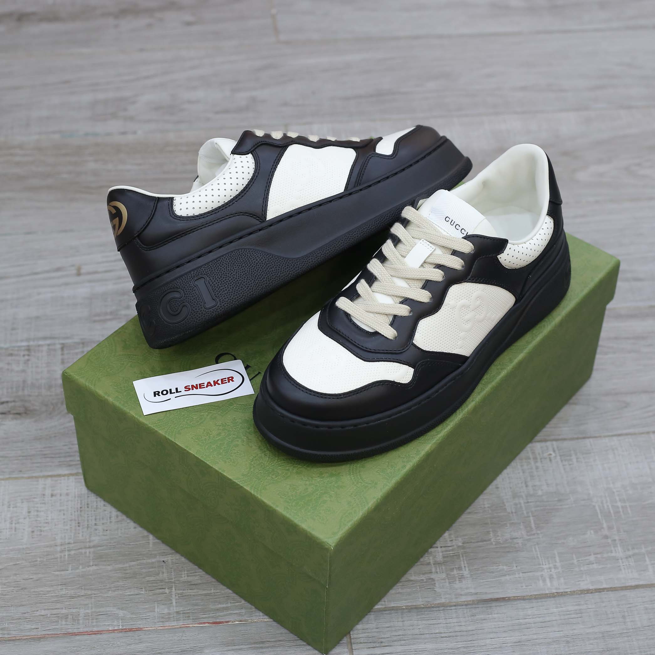 Gucci GG Black White Leather Embossed Sneaker 