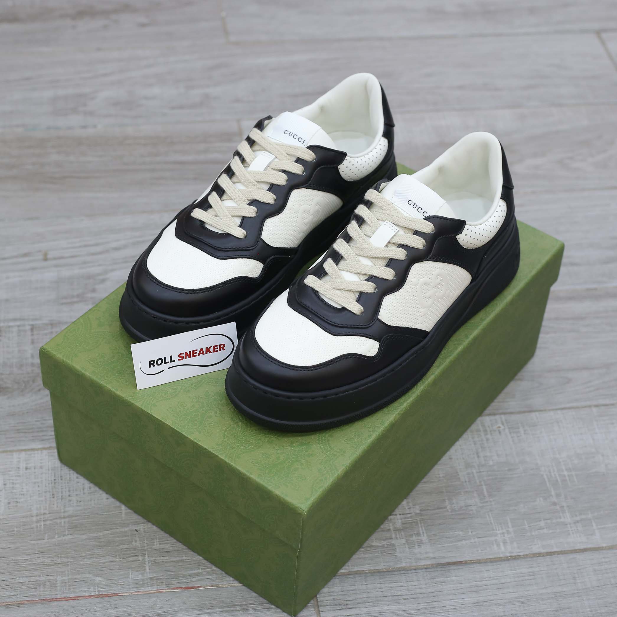 Gucci GG Black White Leather Embossed Sneaker 