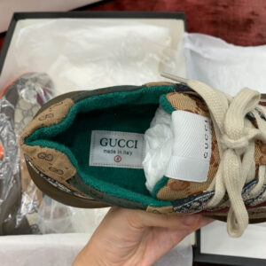 Gucci GG Rhyton sneaker Beige Brick Red and Brown vải Canvas