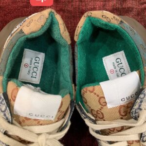 Gucci GG Rhyton sneaker Beige Brick Red and Brown vải Canvas