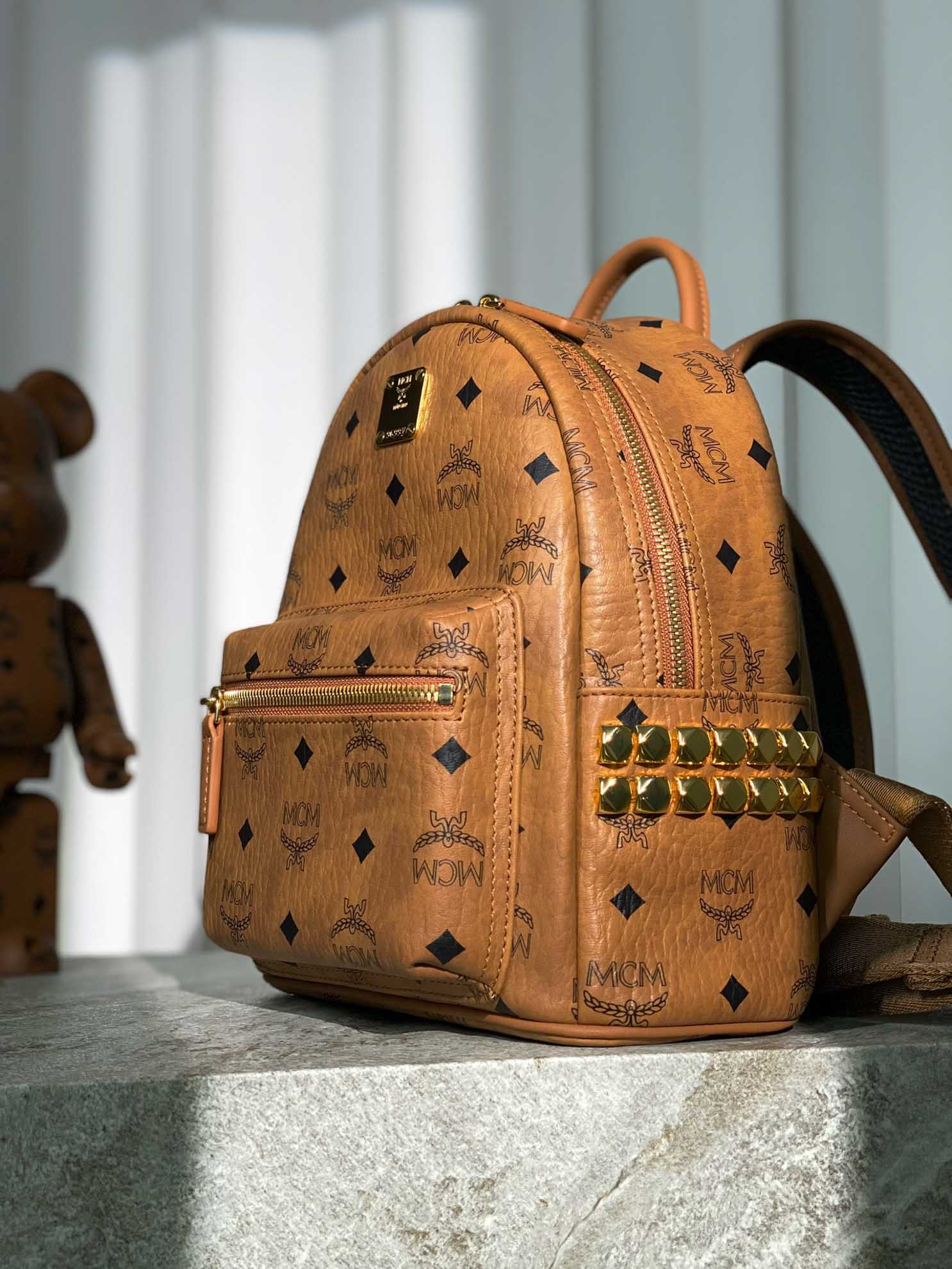 Balo MCM Stark Side Studs Backpack Visetos Cognac Mini