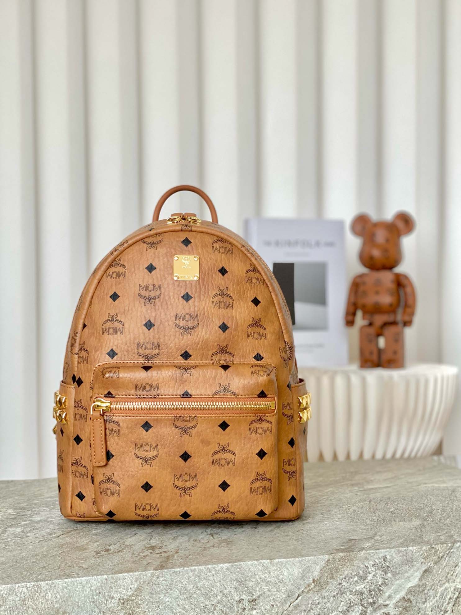 Balo MCM Stark Side Studs Backpack Visetos Cognac Small