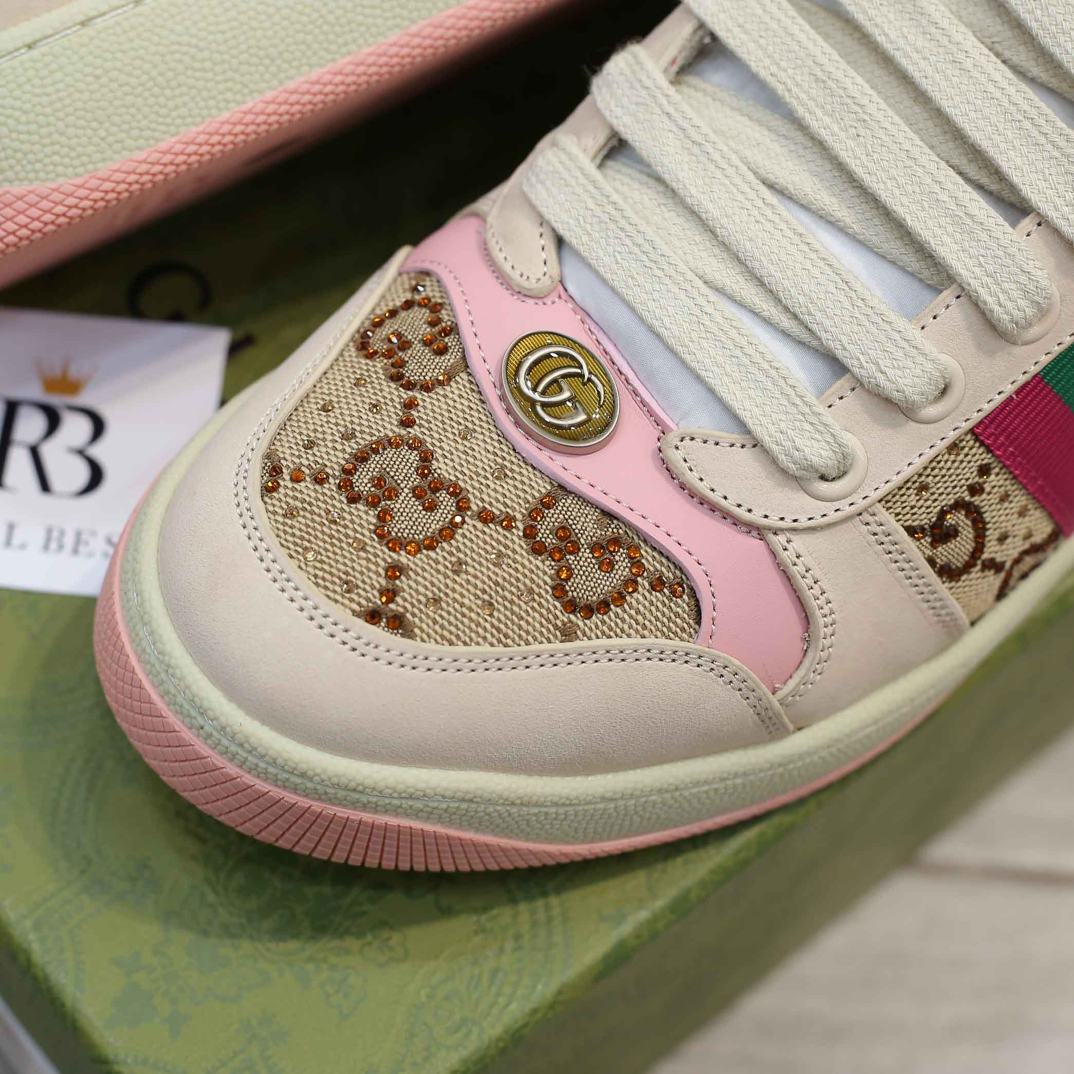 Gucci women’s screener sneaker with crytals ‘hồng baby’ 