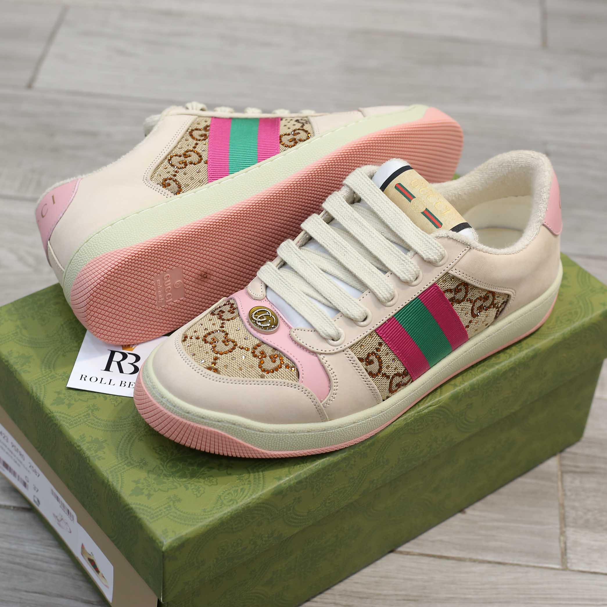 Gucci women’s screener sneaker with crytals ‘hồng baby’ 