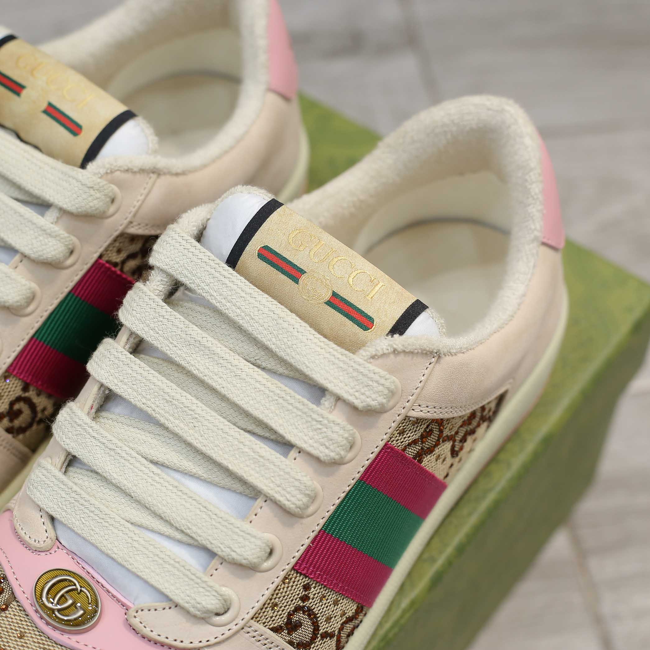 Gucci women’s screener sneaker with crytals ‘hồng baby’ 