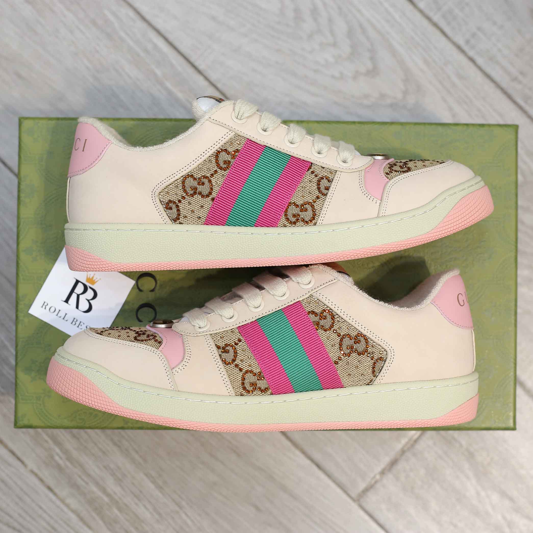 Gucci women’s screener sneaker with crytals ‘hồng baby’ 