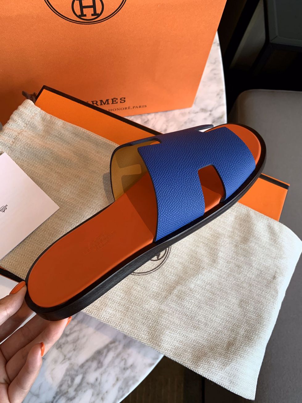 Dép Hermes Izmir Blue/Orange da Epsom