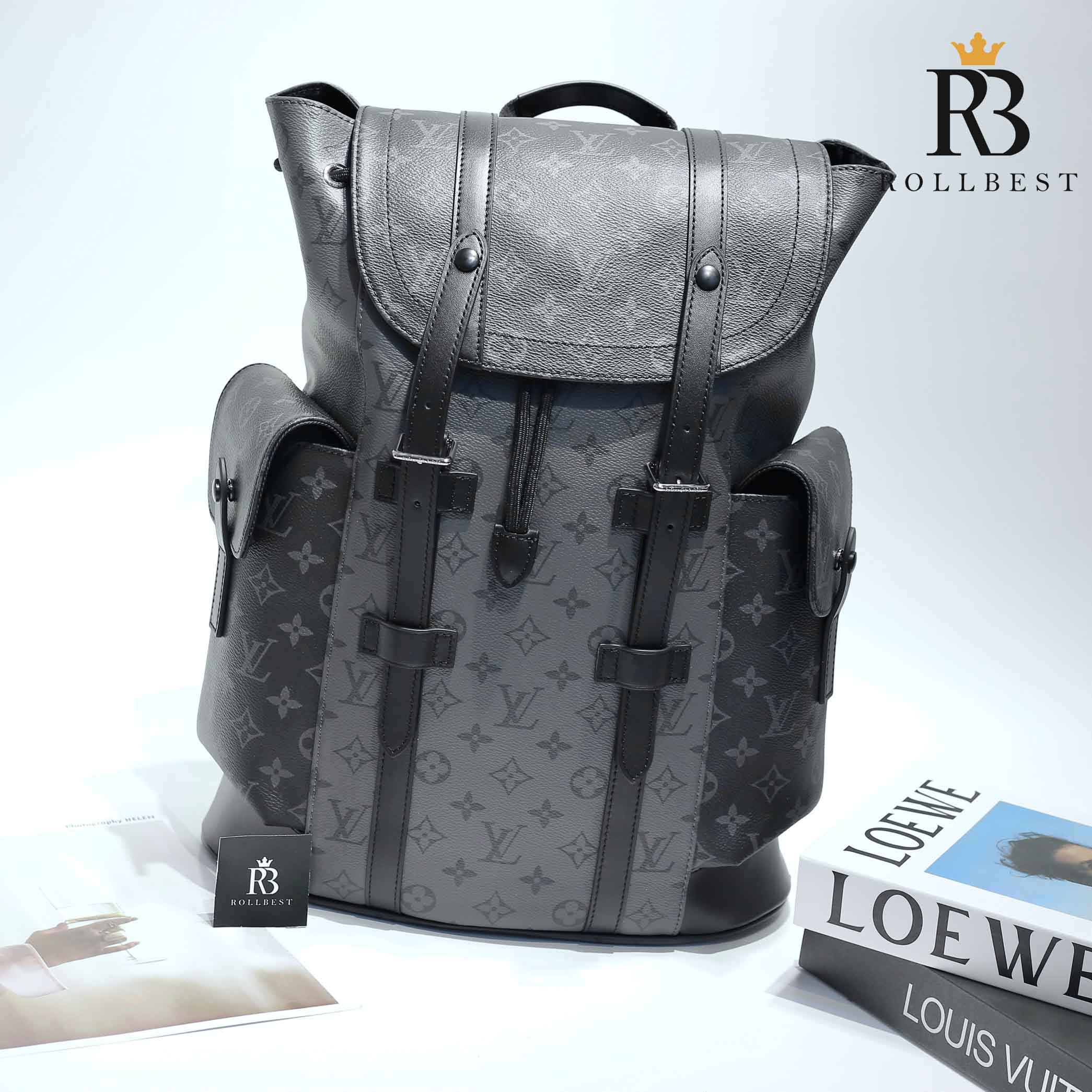 Ba Lô LV Christopher MM Monogram Eclipse Canvas Đen Nhạt