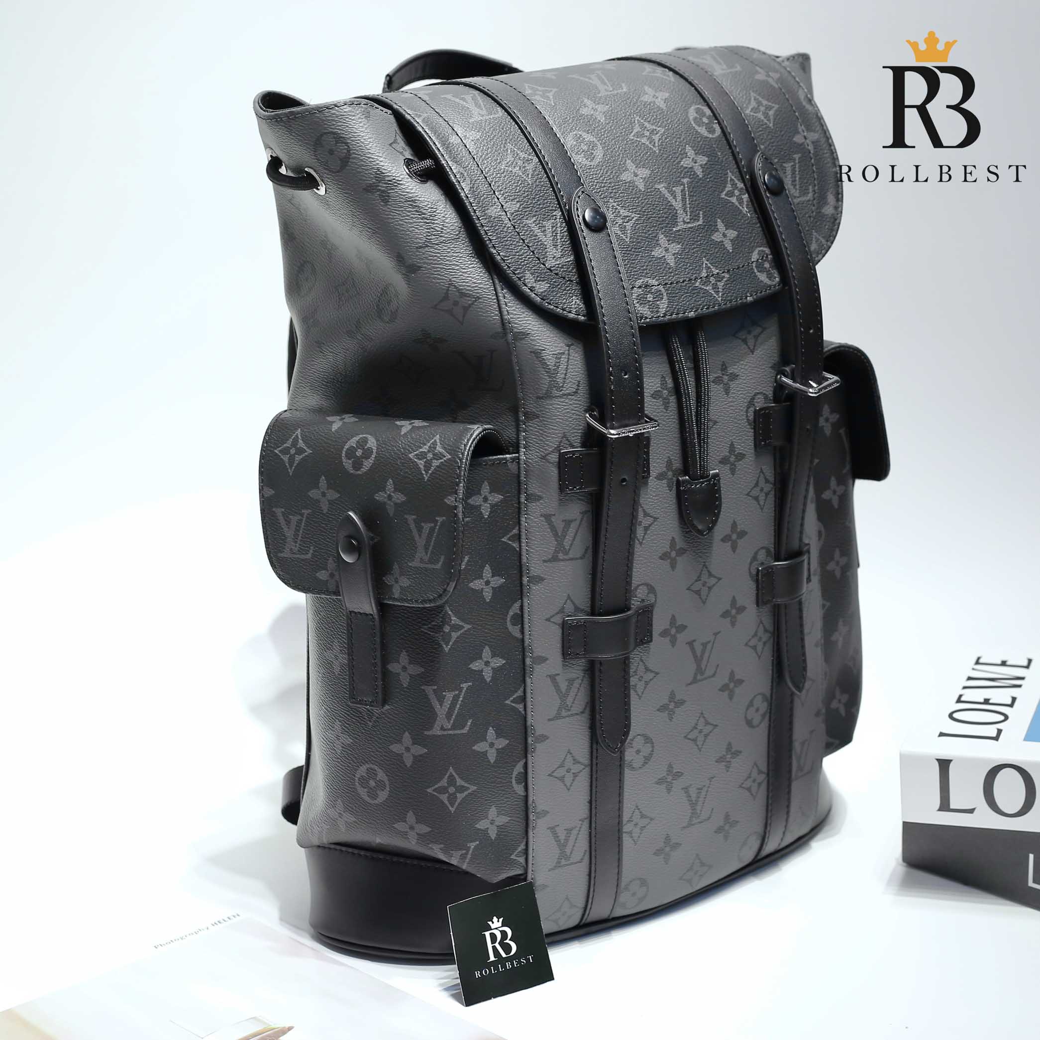 Ba Lô LV Christopher MM Monogram Eclipse Canvas Đen Nhạt