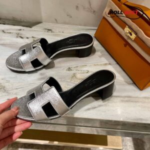 Dép Cao Gót Nữ Hermes Oasis Sandal Bạc Da Nhăn