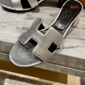 Dép Cao Gót Nữ Hermes Oasis Sandal Bạc Da Nhăn