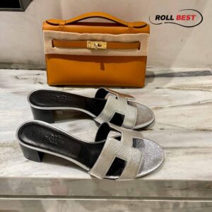 Dép Cao Gót Nữ Hermes Oasis Sandal Bạc Da Nhăn