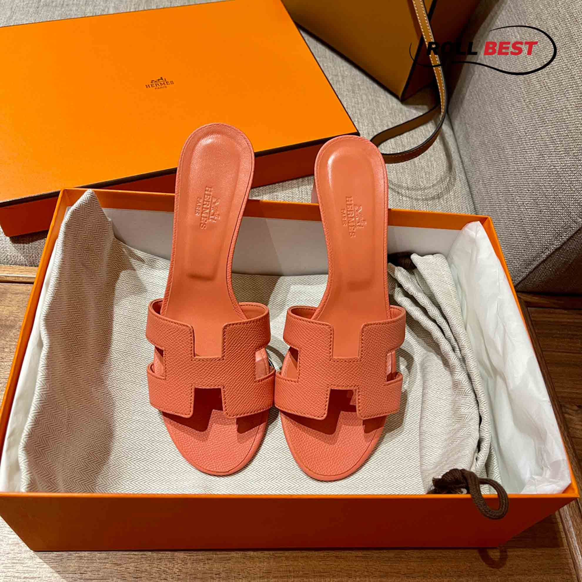 Dép Cao Gót Nữ Hermes Oasis Sandal Cam Da Nhăn