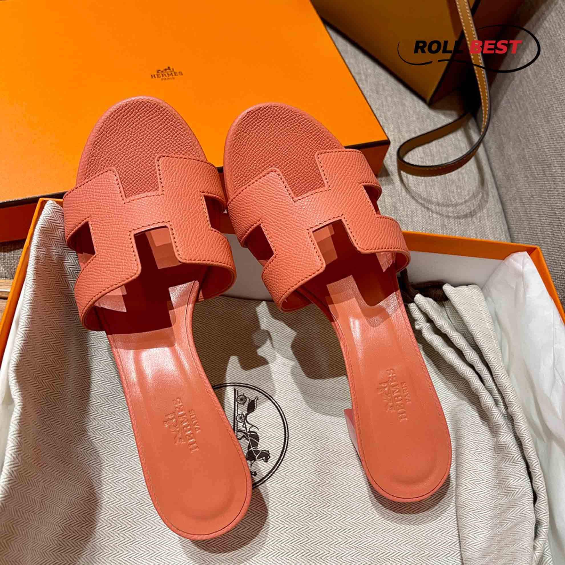 Dép Cao Gót Nữ Hermes Oasis Sandal Cam Da Nhăn