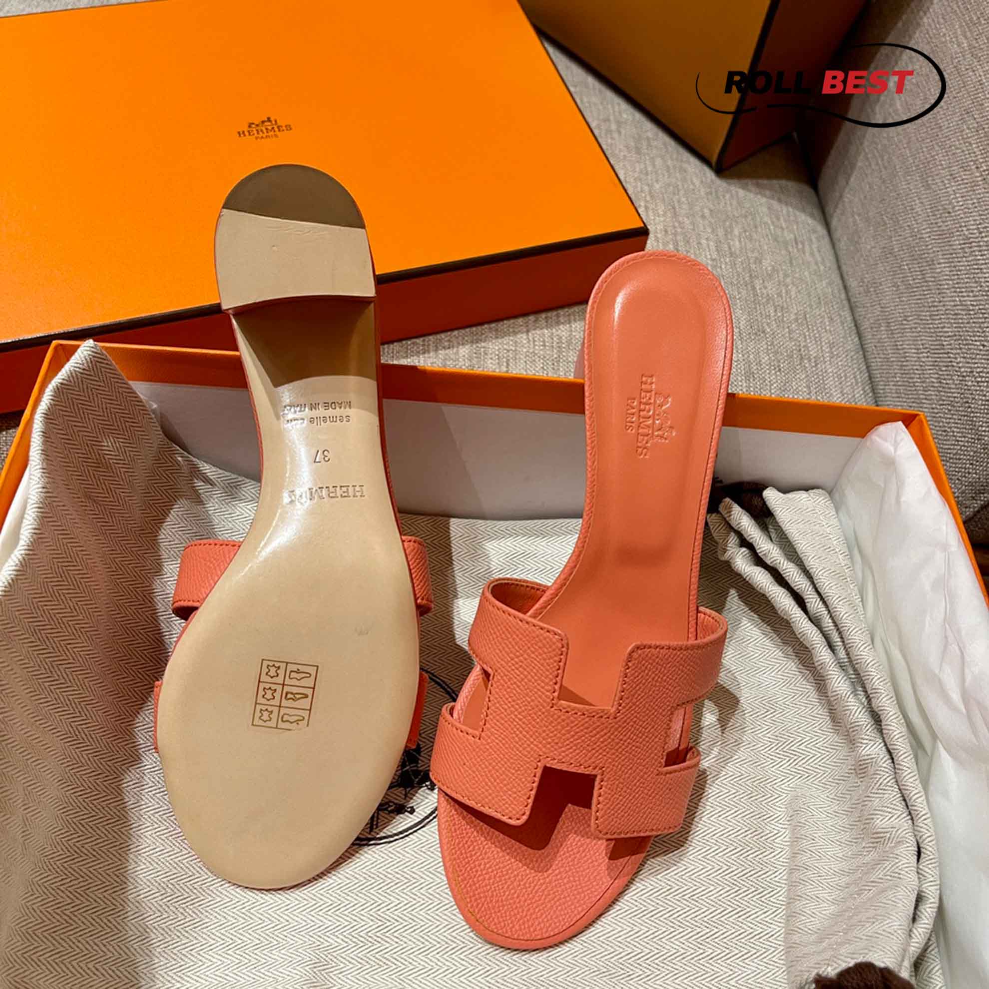 Dép Cao Gót Nữ Hermes Oasis Sandal Cam Da Nhăn