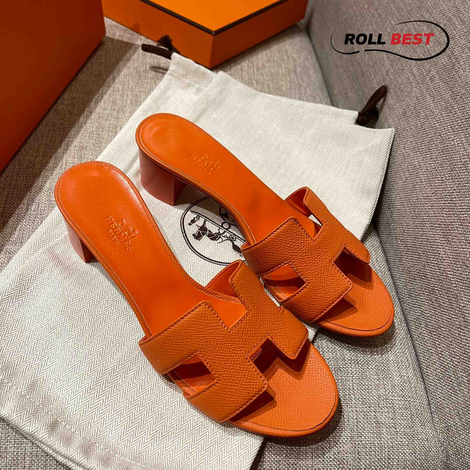 Dép Cao Gót Nữ Hermes Oasis Sandal Cam Đậm Da Nhăn