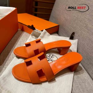 Dép Cao Gót Nữ Hermes Oasis Sandal Cam Đậm Da Nhăn