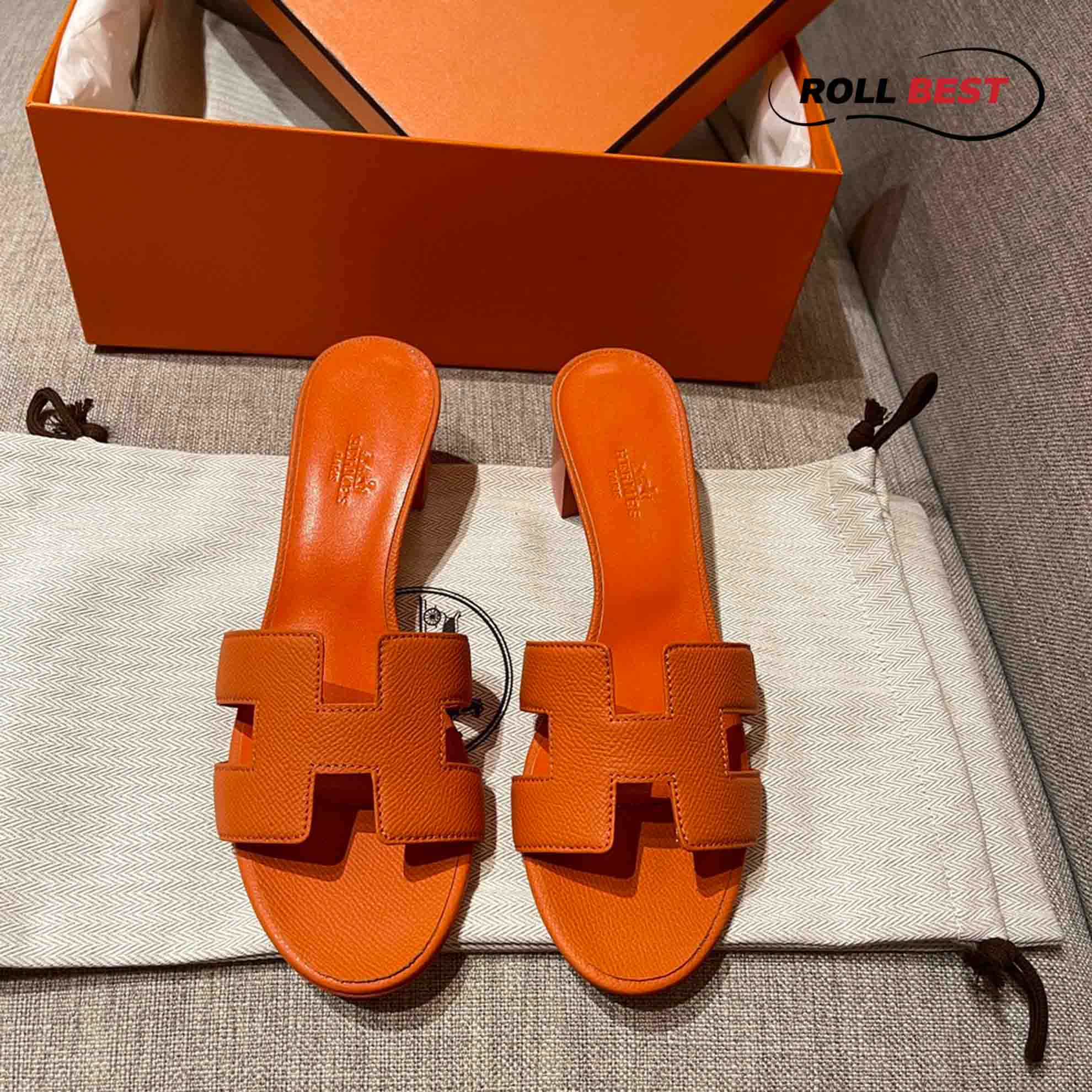 Dép Cao Gót Nữ Hermes Oasis Sandal Cam Đậm Da Nhăn