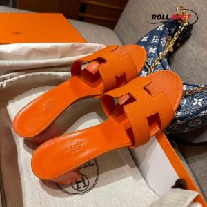 Dép Cao Gót Nữ Hermes Oasis Sandal Cam Đậm Da Nhăn