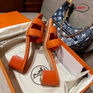 Dép Cao Gót Nữ Hermes Oasis Sandal Cam Đậm Da Nhăn