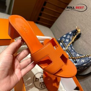 Dép Cao Gót Nữ Hermes Oasis Sandal Cam Đậm Da Nhăn