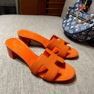 Dép Cao Gót Nữ Hermes Oasis Sandal Cam Đậm Da Nhăn