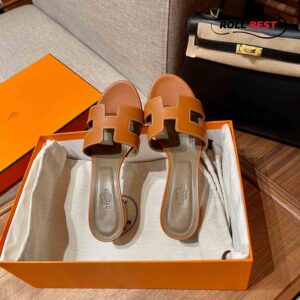 Dép Cao Gót Nữ Hermes Oasis Sandal Cam Nâu Da Trơn