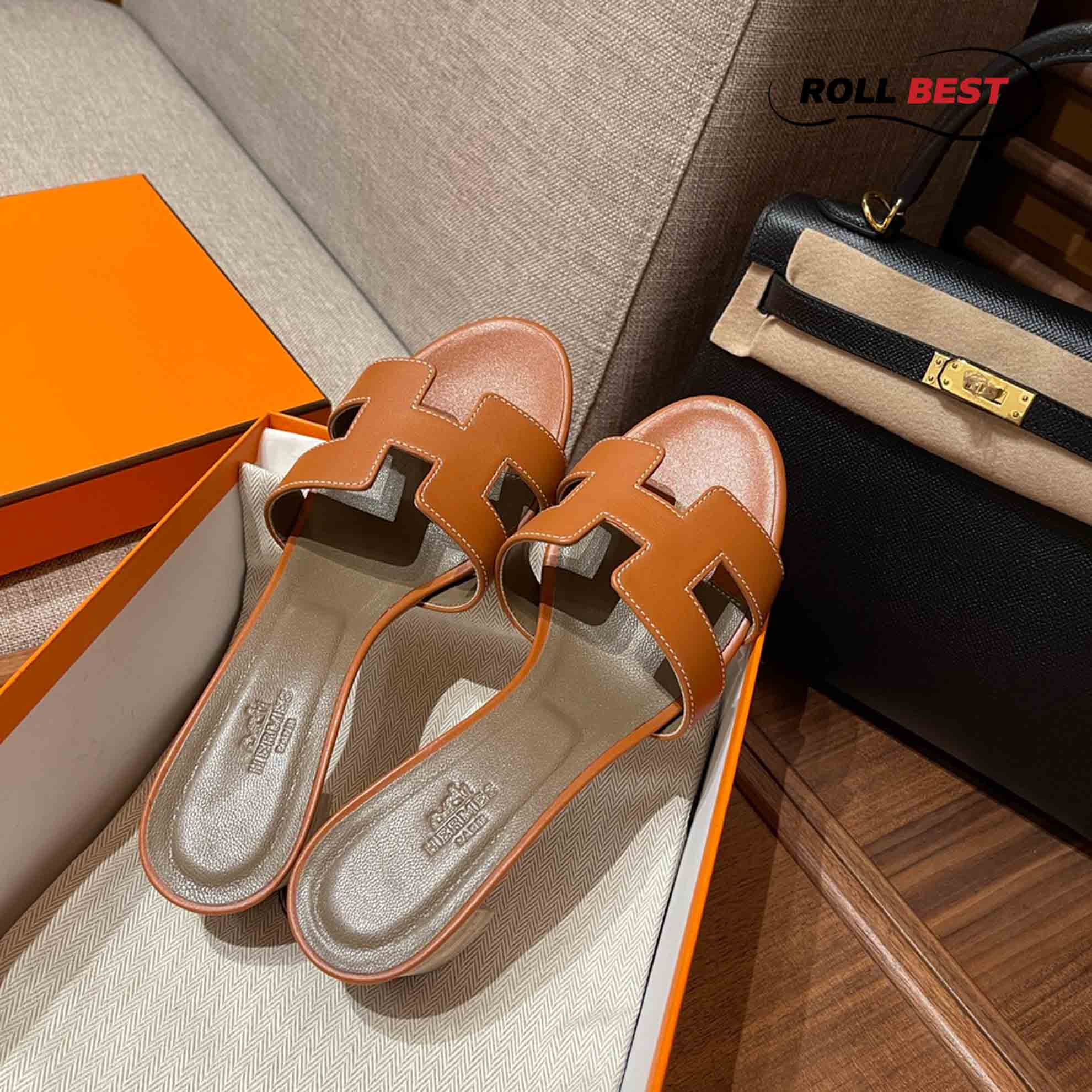 Dép Cao Gót Nữ Hermes Oasis Sandal Cam Nâu Da Trơn