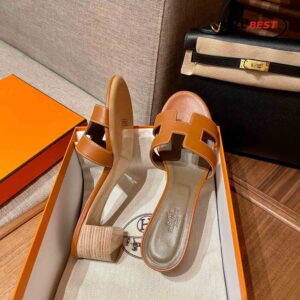 Dép Cao Gót Nữ Hermes Oasis Sandal Cam Nâu Da Trơn