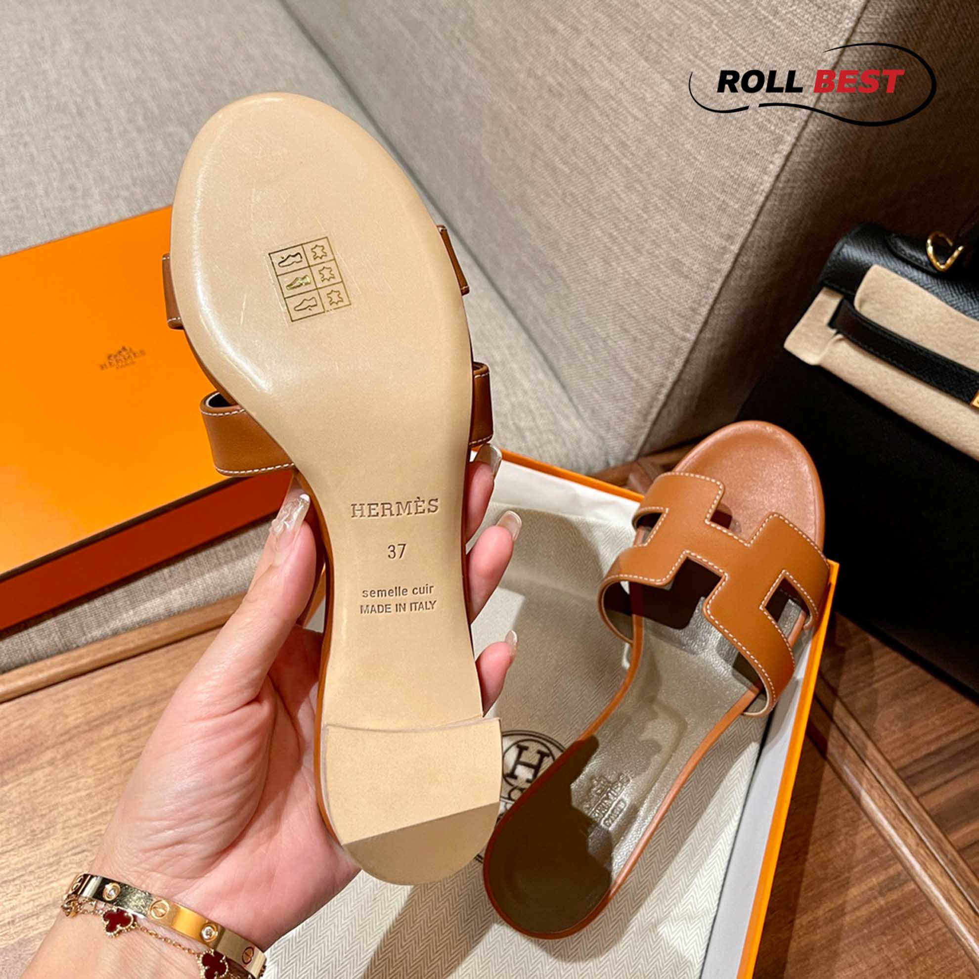 Dép Cao Gót Nữ Hermes Oasis Sandal Cam Nâu Da Trơn