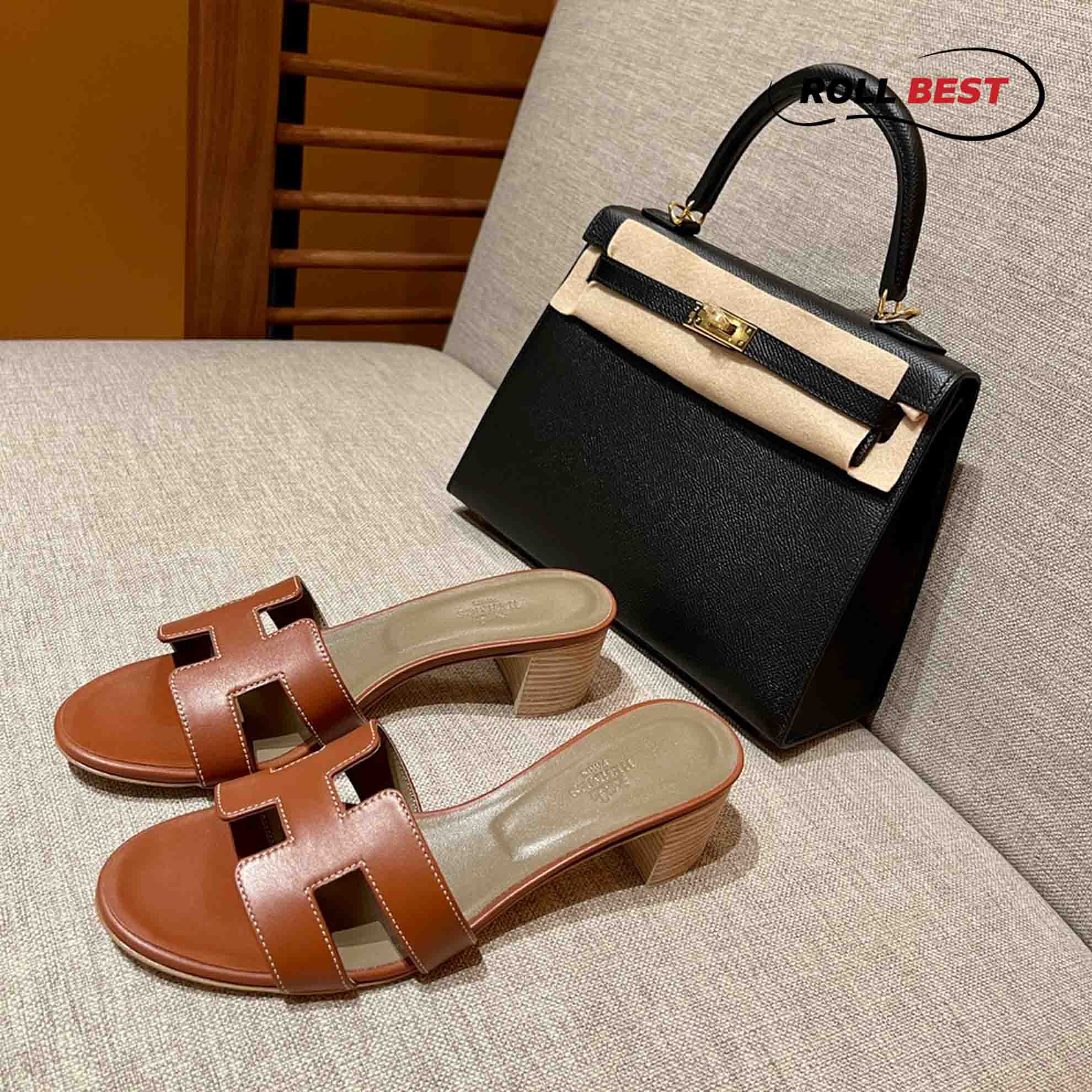 Dép Cao Gót Nữ Hermes Oasis Sandal Cam Xám Da Trơn