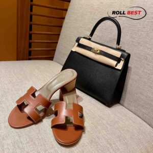 Dép Cao Gót Nữ Hermes Oasis Sandal Cam Xám Da Trơn