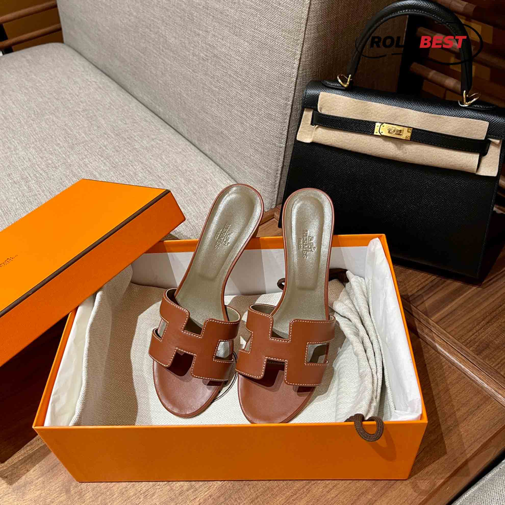 Dép Cao Gót Nữ Hermes Oasis Sandal Cam Xám Da Trơn