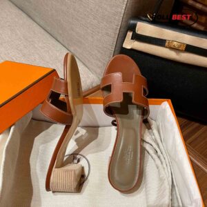 Dép Cao Gót Nữ Hermes Oasis Sandal Cam Xám Da Trơn