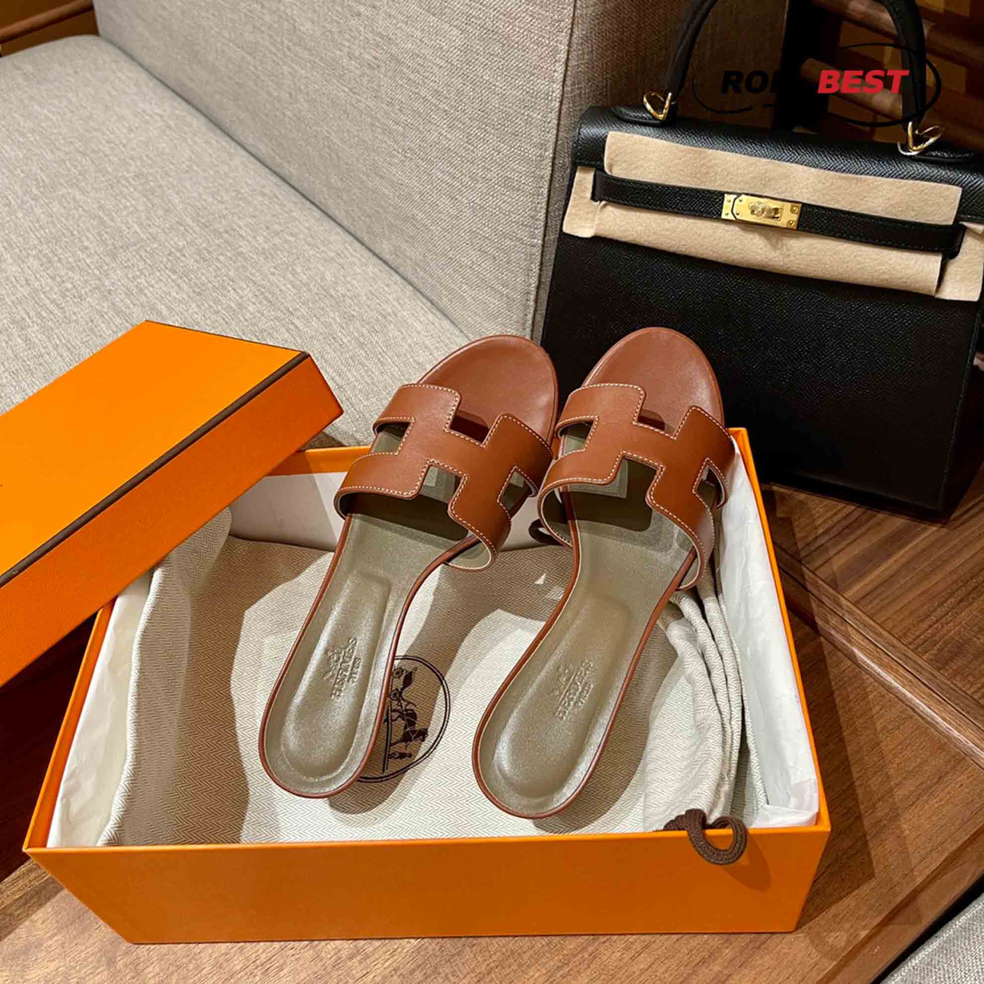 Dép Cao Gót Nữ Hermes Oasis Sandal Cam Xám Da Trơn