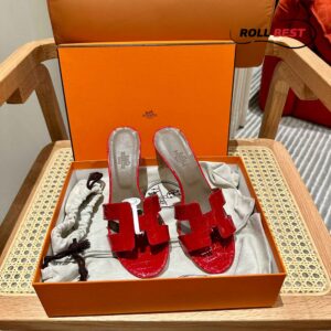 Dép Cao Gót Nữ Hermes Oasis Sandal Da Cá Sấu Đỏ Xám