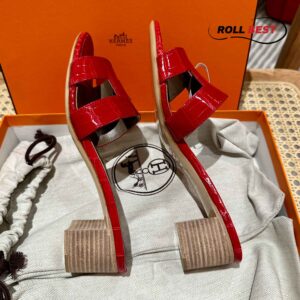 Dép Cao Gót Nữ Hermes Oasis Sandal Da Cá Sấu Đỏ Xám