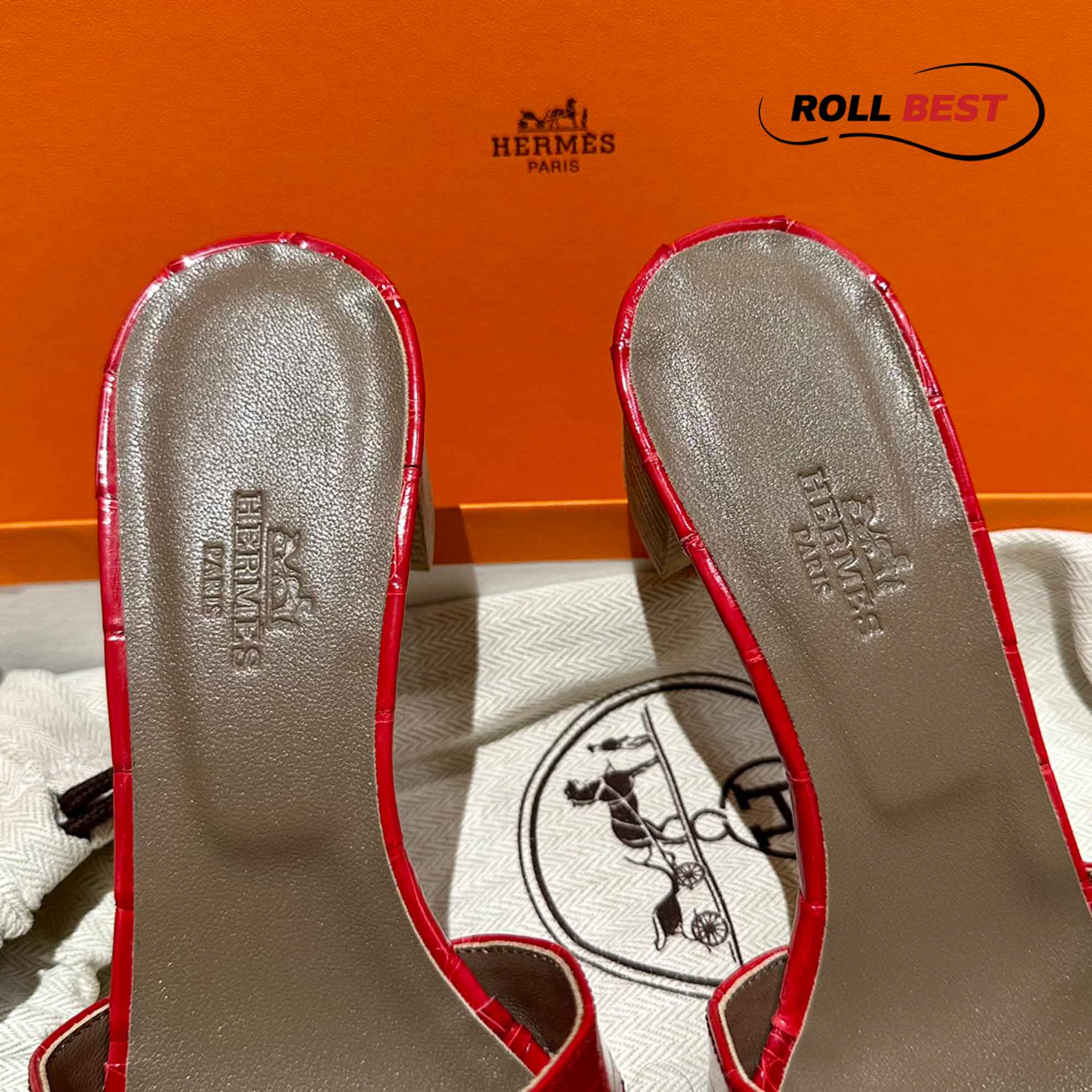 Dép Cao Gót Nữ Hermes Oasis Sandal Da Cá Sấu Đỏ Xám