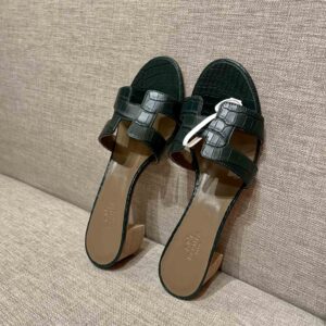 Dép Cao Gót Nữ Hermes Oasis Sandal Da Cá Sấu Green