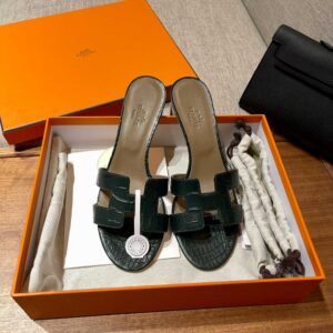 Dép Cao Gót Nữ Hermes Oasis Sandal Da Cá Sấu Green