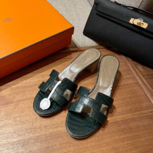 Dép Cao Gót Nữ Hermes Oasis Sandal Da Cá Sấu Green