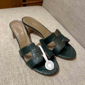 Dép Cao Gót Nữ Hermes Oasis Sandal Da Cá Sấu Green