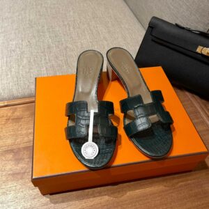 Dép Cao Gót Nữ Hermes Oasis Sandal Da Cá Sấu Green