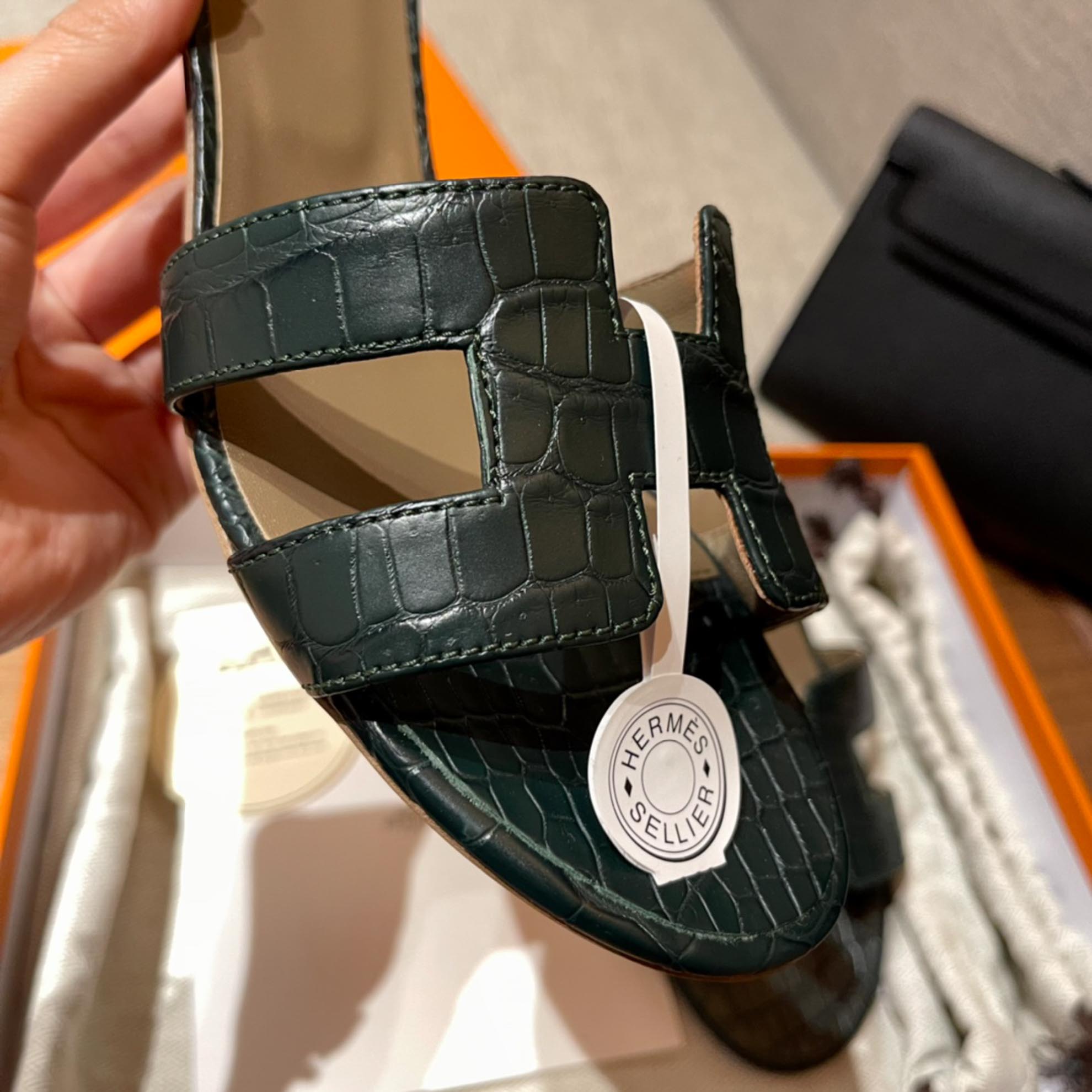 Dép Cao Gót Nữ Hermes Oasis Sandal Da Cá Sấu Green