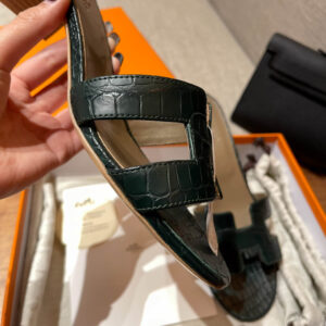 Dép Cao Gót Nữ Hermes Oasis Sandal Da Cá Sấu Green