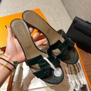 Dép Cao Gót Nữ Hermes Oasis Sandal Da Cá Sấu Green