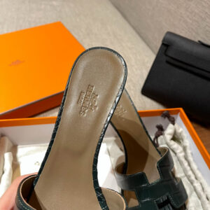 Dép Cao Gót Nữ Hermes Oasis Sandal Da Cá Sấu Green