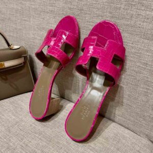 Dép Cao Gót Nữ Hermes Oasis Sandal Da Cá Sấu Hồng