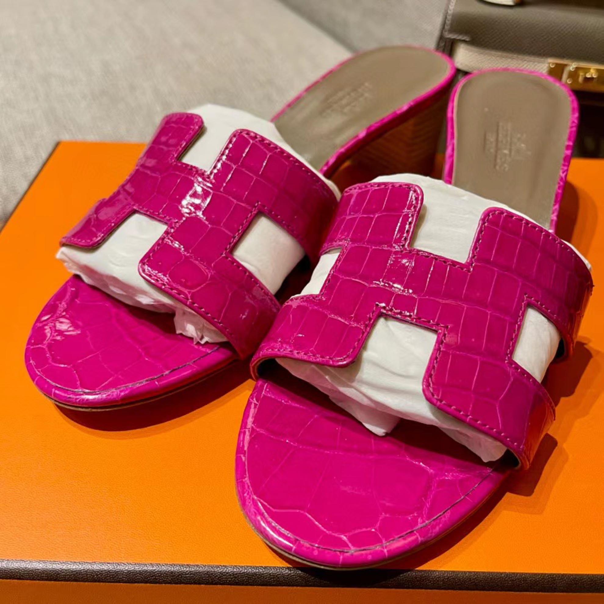 Dép Cao Gót Nữ Hermes Oasis Sandal Da Cá Sấu Hồng