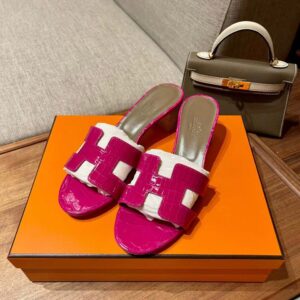 Dép Cao Gót Nữ Hermes Oasis Sandal Da Cá Sấu Hồng